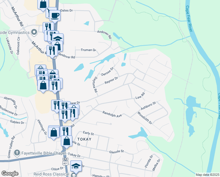 map of restaurants, bars, coffee shops, grocery stores, and more near 432 Raynor Drive in Fayetteville