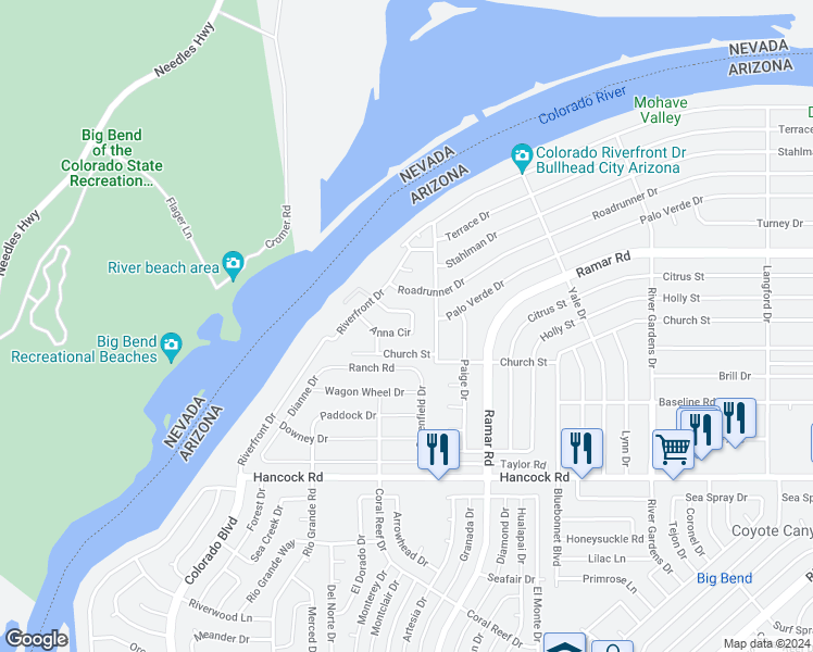 map of restaurants, bars, coffee shops, grocery stores, and more near 443 Anna Circle in Bullhead City