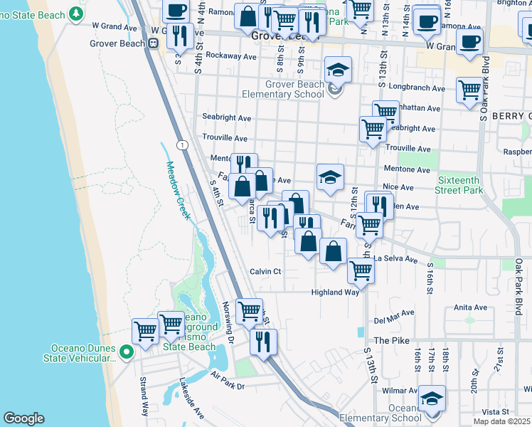 map of restaurants, bars, coffee shops, grocery stores, and more near 750 Farroll Road in Grover Beach