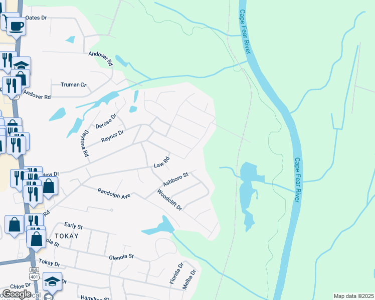 map of restaurants, bars, coffee shops, grocery stores, and more near 650 East Raynor Drive in Fayetteville