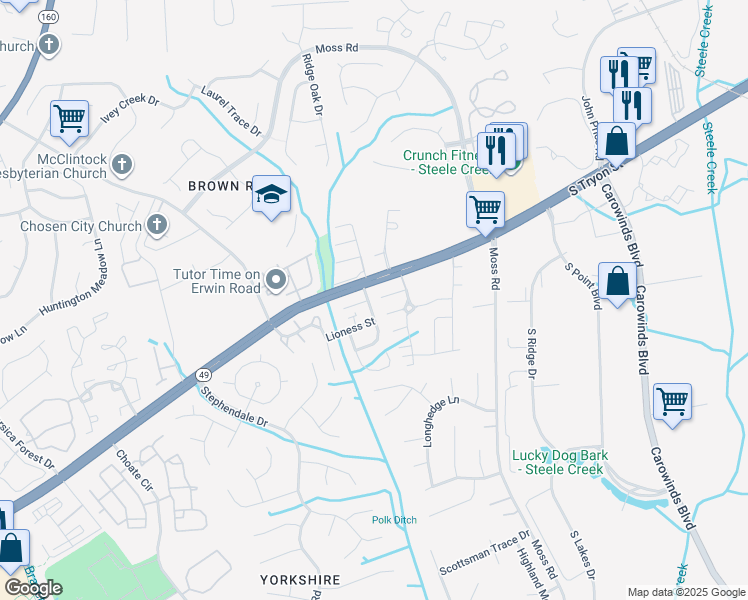 map of restaurants, bars, coffee shops, grocery stores, and more near 11119 Lions Mane Street in Charlotte