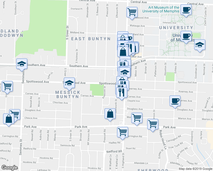 map of restaurants, bars, coffee shops, grocery stores, and more near 3409 Spottswood Avenue in Memphis