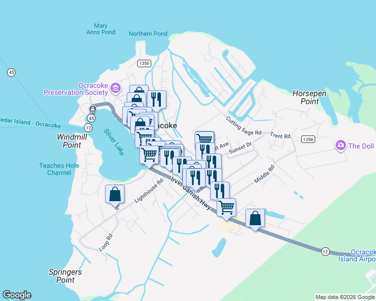 map of restaurants, bars, coffee shops, grocery stores, and more near Back Road in Ocracoke