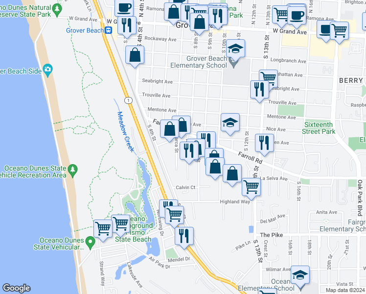 map of restaurants, bars, coffee shops, grocery stores, and more near 930 Huber Street in Grover Beach