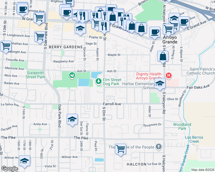 map of restaurants, bars, coffee shops, grocery stores, and more near 1194 Fair Oaks Avenue in Arroyo Grande