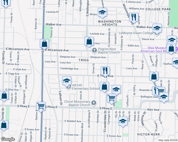 map of restaurants, bars, coffee shops, grocery stores, and more near 1235 Driver Street in Memphis