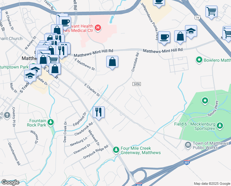 map of restaurants, bars, coffee shops, grocery stores, and more near 362 Crestdale Road in Matthews