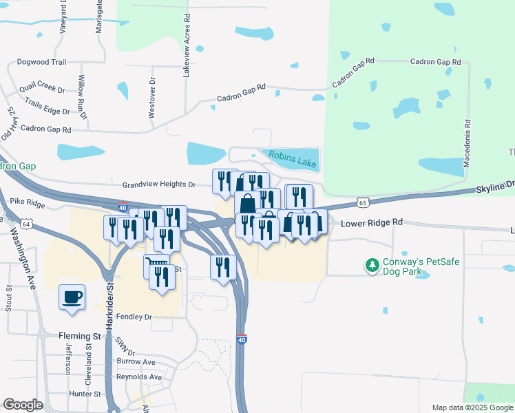 map of restaurants, bars, coffee shops, grocery stores, and more near 450 Skyline Drive in Conway