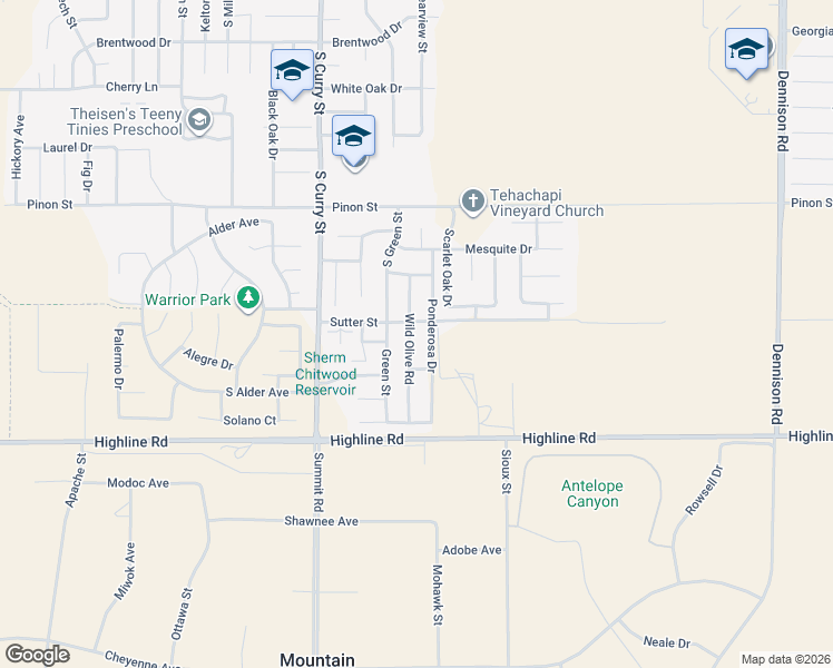map of restaurants, bars, coffee shops, grocery stores, and more near 1406 Wild Olive Road in Tehachapi