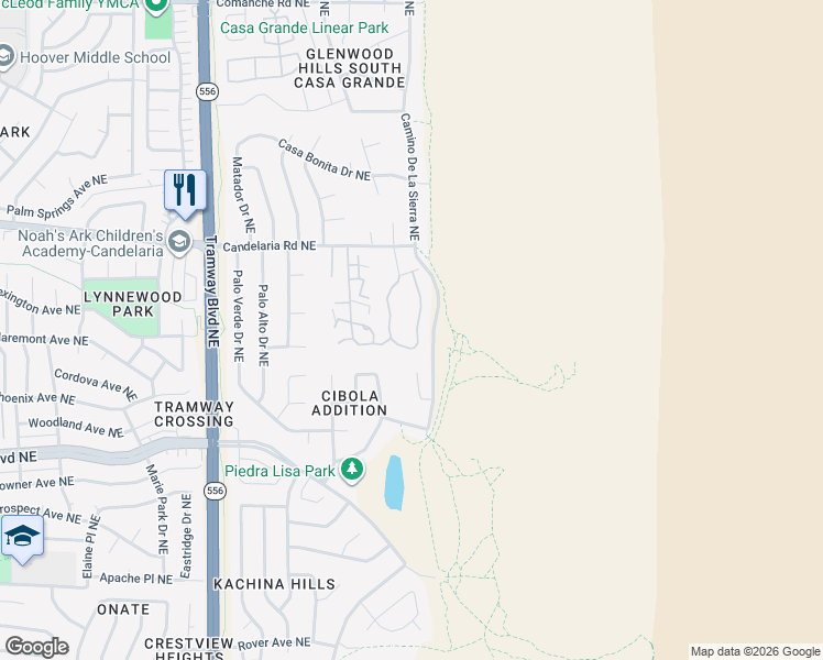 map of restaurants, bars, coffee shops, grocery stores, and more near 2900 Vista Del Rey Northeast in Albuquerque