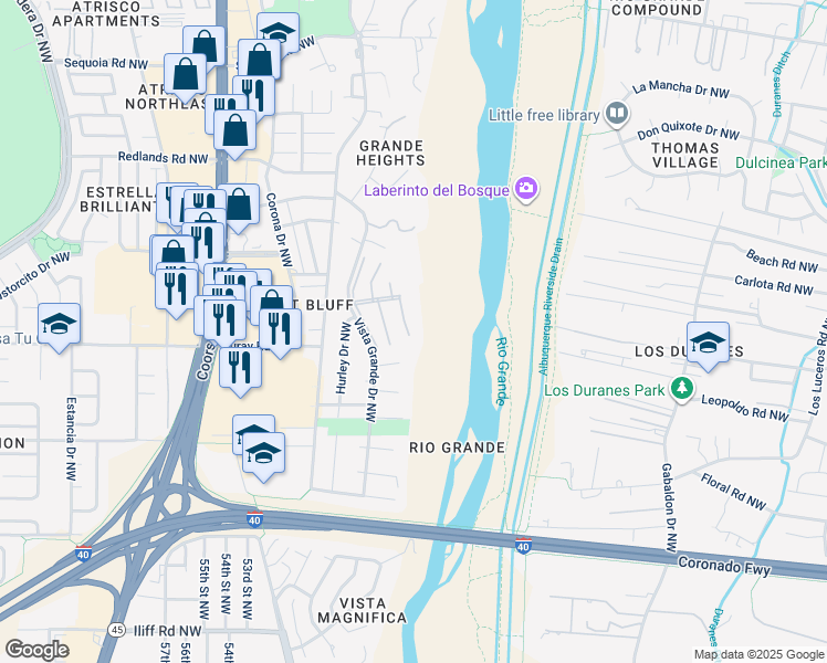 map of restaurants, bars, coffee shops, grocery stores, and more near 99999 Josephine Lane in Albuquerque