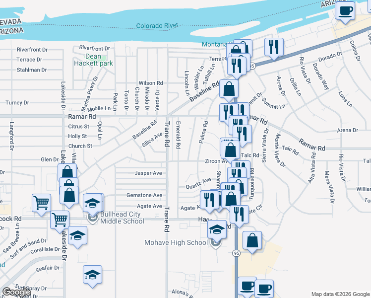 map of restaurants, bars, coffee shops, grocery stores, and more near 1554 Emerald Road in Bullhead City