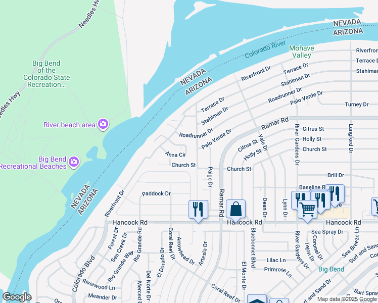 map of restaurants, bars, coffee shops, grocery stores, and more near 375 Anna Circle in Bullhead City