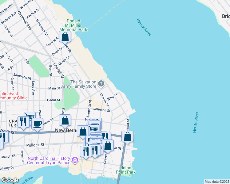 map of restaurants, bars, coffee shops, grocery stores, and more near 750 East Front Street in New Bern