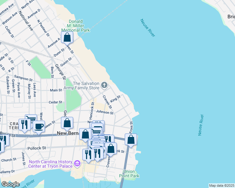 map of restaurants, bars, coffee shops, grocery stores, and more near 750 East Front Street in New Bern