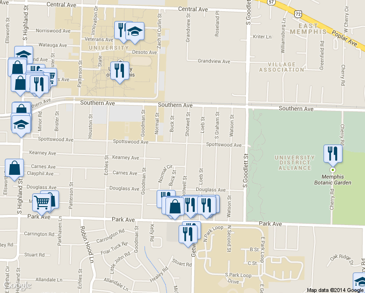 map of restaurants, bars, coffee shops, grocery stores, and more near 650 Shotwell Street in Memphis