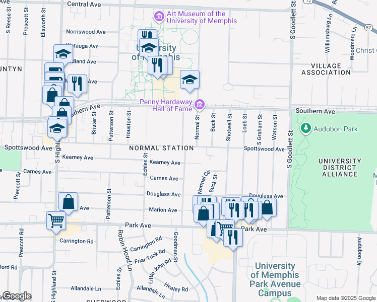 map of restaurants, bars, coffee shops, grocery stores, and more near 3842 Spottswood Avenue in Memphis