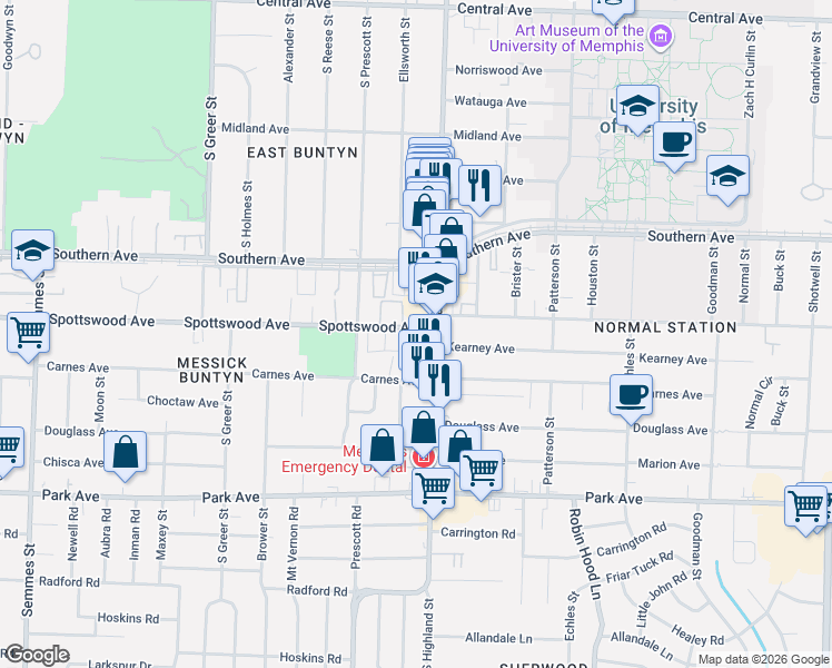 map of restaurants, bars, coffee shops, grocery stores, and more near 663 South Highland Street in Memphis
