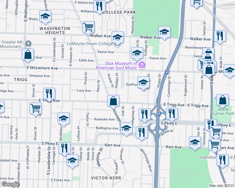 map of restaurants, bars, coffee shops, grocery stores, and more near 1228 Phillips Place in Memphis