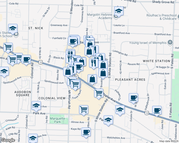 map of restaurants, bars, coffee shops, grocery stores, and more near 5100 Poplar Avenue in Memphis