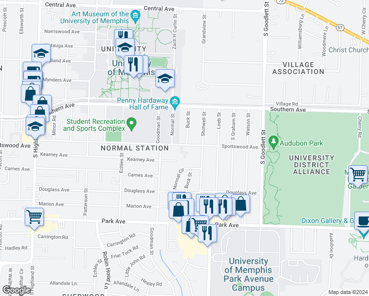map of restaurants, bars, coffee shops, grocery stores, and more near 3881 Spottswood Avenue in Memphis