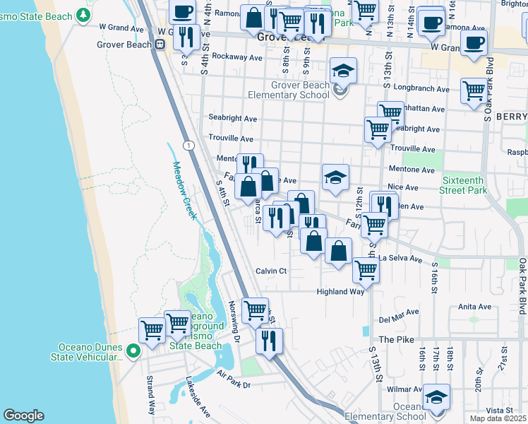 map of restaurants, bars, coffee shops, grocery stores, and more near 930 Huber Street in Grover Beach