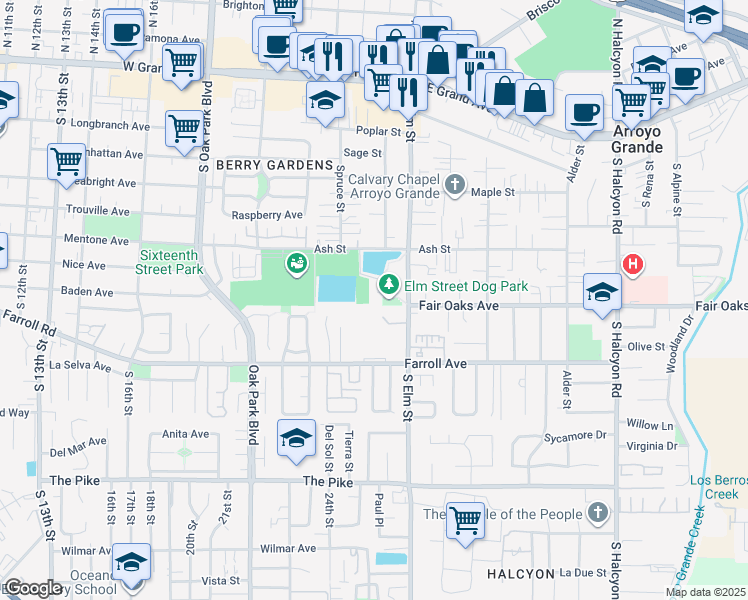 map of restaurants, bars, coffee shops, grocery stores, and more near 1221 Ash Street in Arroyo Grande