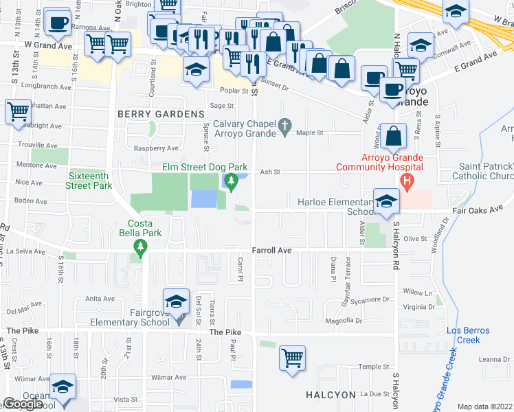 map of restaurants, bars, coffee shops, grocery stores, and more near 1198 Fair Oaks Avenue in Arroyo Grande