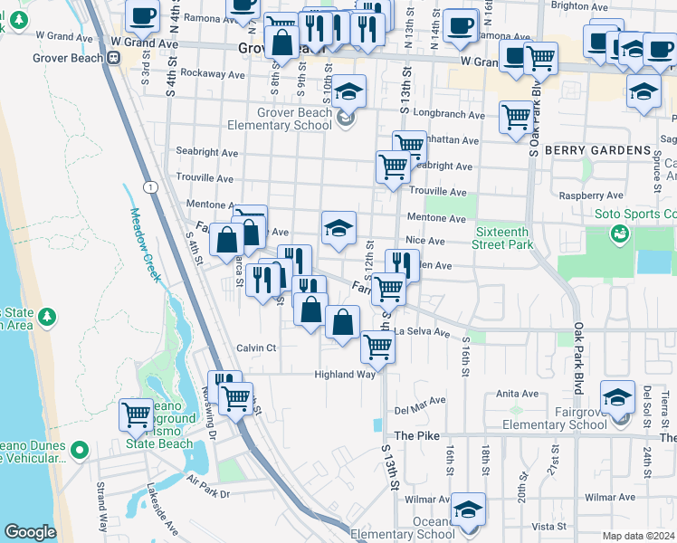 map of restaurants, bars, coffee shops, grocery stores, and more near 1084 Baden Avenue in Grover Beach