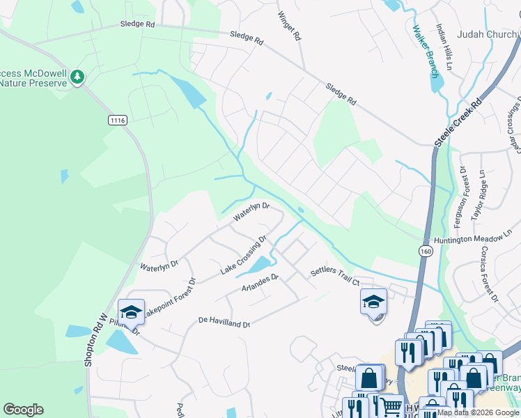 map of restaurants, bars, coffee shops, grocery stores, and more near 14133 Waterlyn Drive in Charlotte