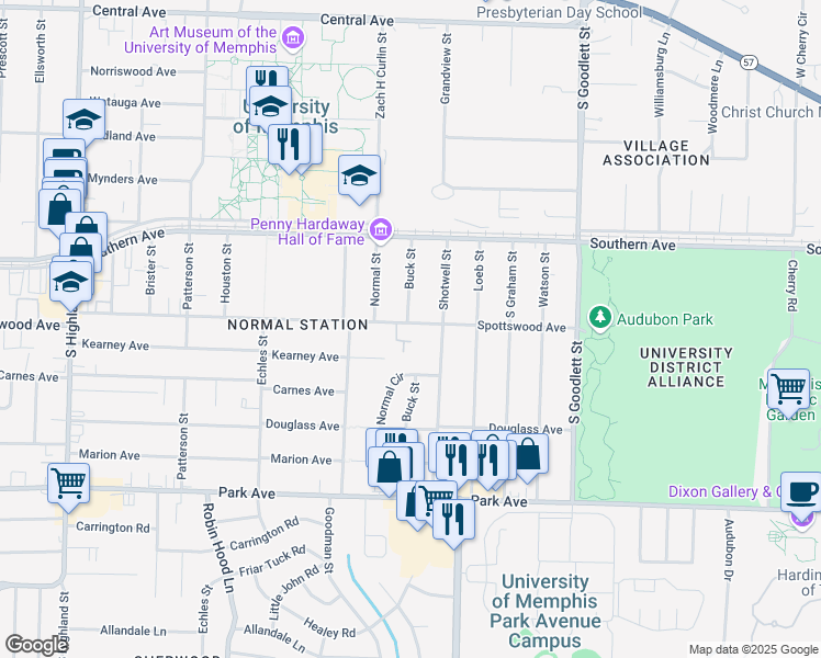 map of restaurants, bars, coffee shops, grocery stores, and more near 3891 Spottswood Avenue in Memphis