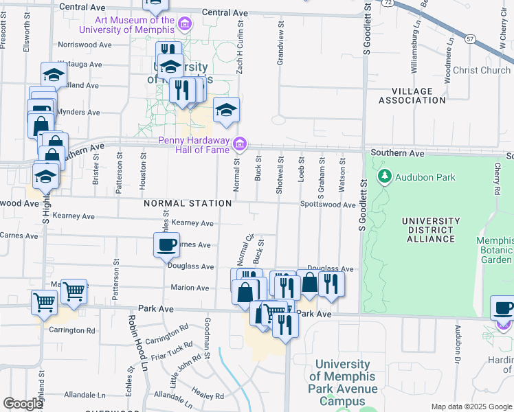 map of restaurants, bars, coffee shops, grocery stores, and more near 3892 Spottswood Avenue in Memphis