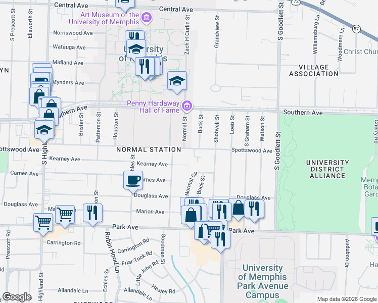 map of restaurants, bars, coffee shops, grocery stores, and more near 3842 Spottswood Avenue in Memphis