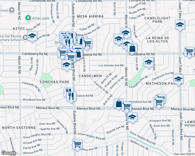 map of restaurants, bars, coffee shops, grocery stores, and more near 10211 Blume Street Northeast in Albuquerque