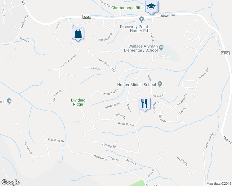 map of restaurants, bars, coffee shops, grocery stores, and more near 6564 White Tail Drive in Ooltewah