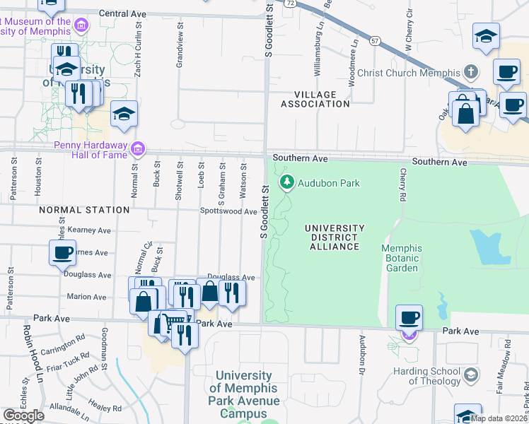 map of restaurants, bars, coffee shops, grocery stores, and more near 6671 Spottswood Avenue in Memphis