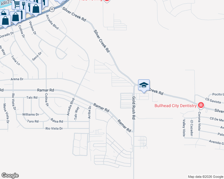 map of restaurants, bars, coffee shops, grocery stores, and more near 1509 Gold Rush Road in Bullhead City