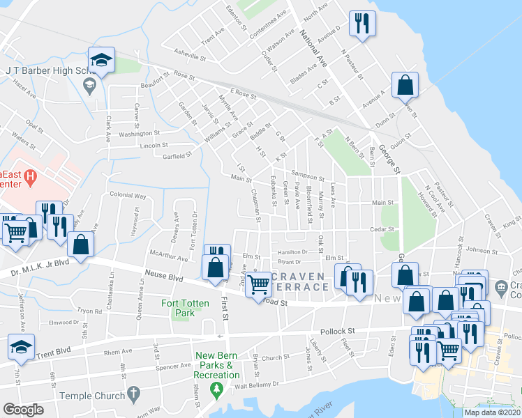 map of restaurants, bars, coffee shops, grocery stores, and more near 906 Chapman Street in New Bern