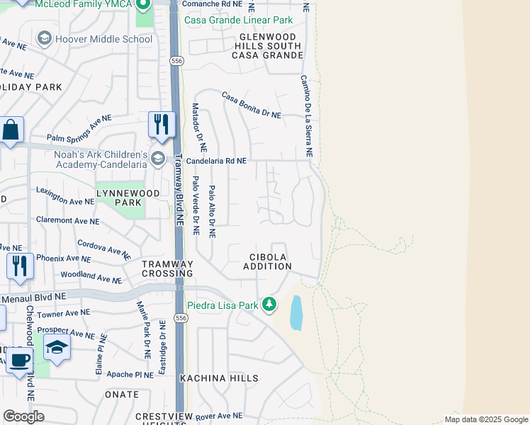 map of restaurants, bars, coffee shops, grocery stores, and more near 3 La Villita Circle Northeast in Albuquerque