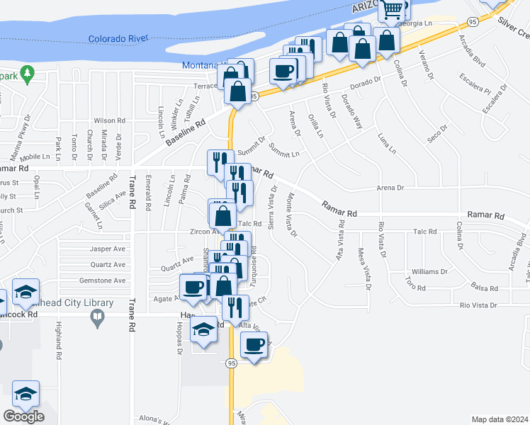 map of restaurants, bars, coffee shops, grocery stores, and more near 1558 Sierra Vista Drive in Bullhead City