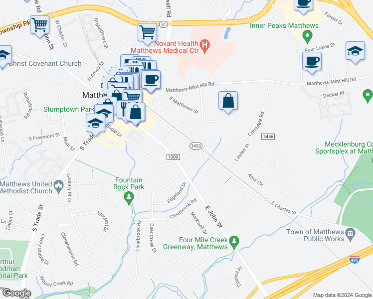map of restaurants, bars, coffee shops, grocery stores, and more near 420 East Charles Street in Matthews