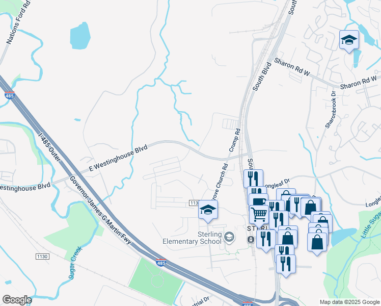 map of restaurants, bars, coffee shops, grocery stores, and more near 950-998 Crafters Ln in Pineville