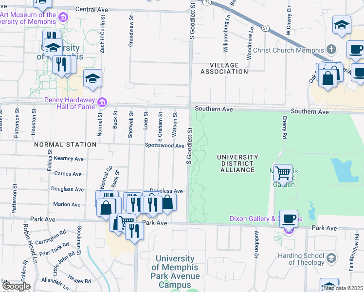 map of restaurants, bars, coffee shops, grocery stores, and more near 651 South Goodlett Street in Memphis