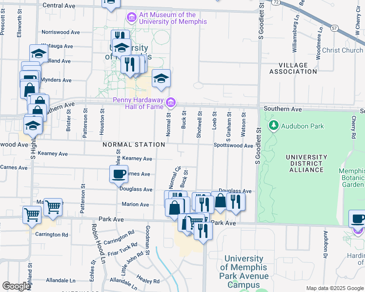 map of restaurants, bars, coffee shops, grocery stores, and more near 3892 Spottswood Avenue in Memphis