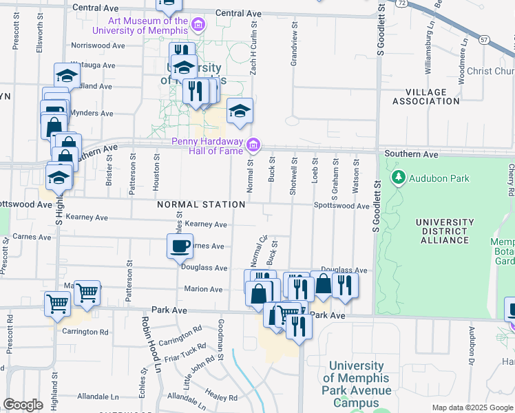 map of restaurants, bars, coffee shops, grocery stores, and more near 3842 Spottswood Avenue in Memphis