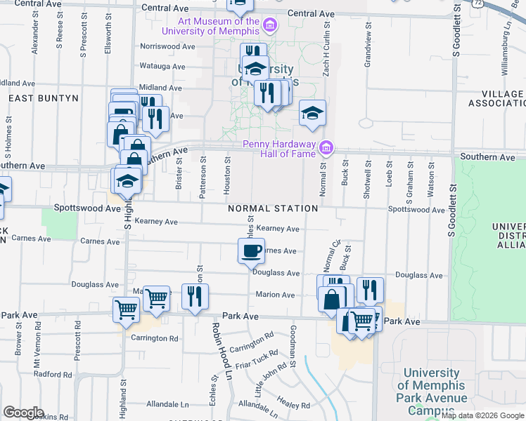 map of restaurants, bars, coffee shops, grocery stores, and more near 3760 Spottswood Avenue in Memphis