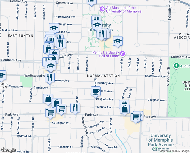 map of restaurants, bars, coffee shops, grocery stores, and more near 3706 Spottswood Avenue in Memphis