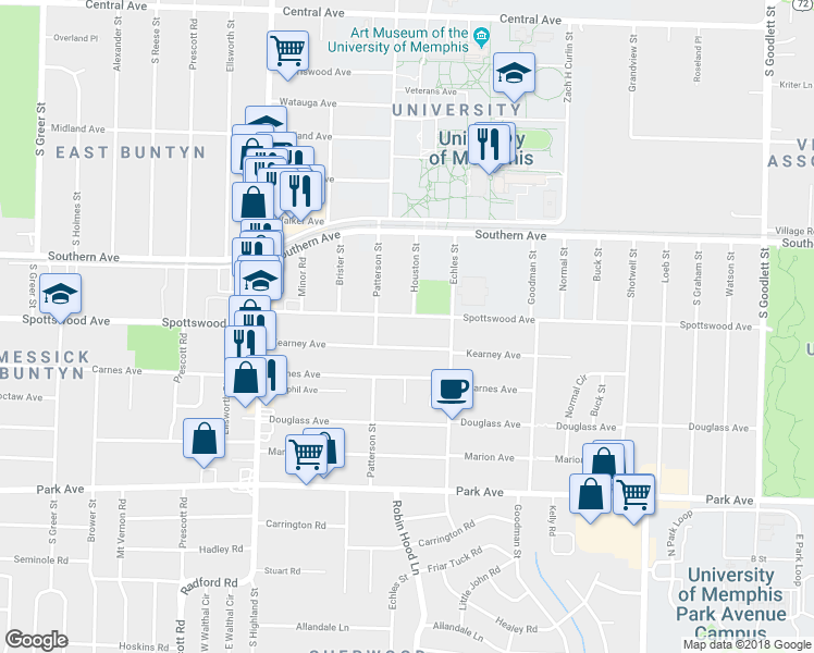 map of restaurants, bars, coffee shops, grocery stores, and more near 3670 Spottswood Avenue in Memphis