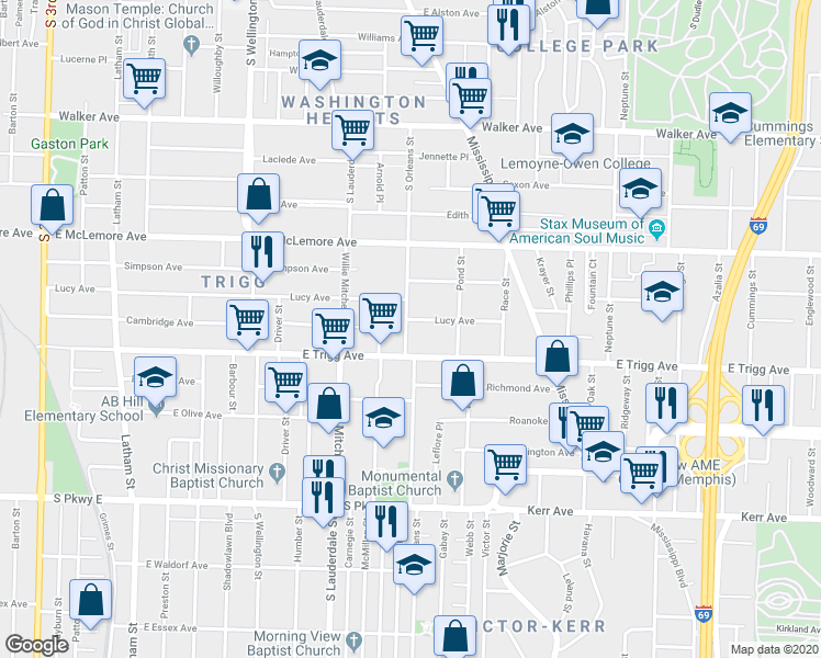map of restaurants, bars, coffee shops, grocery stores, and more near 654 Lucy Avenue in Memphis