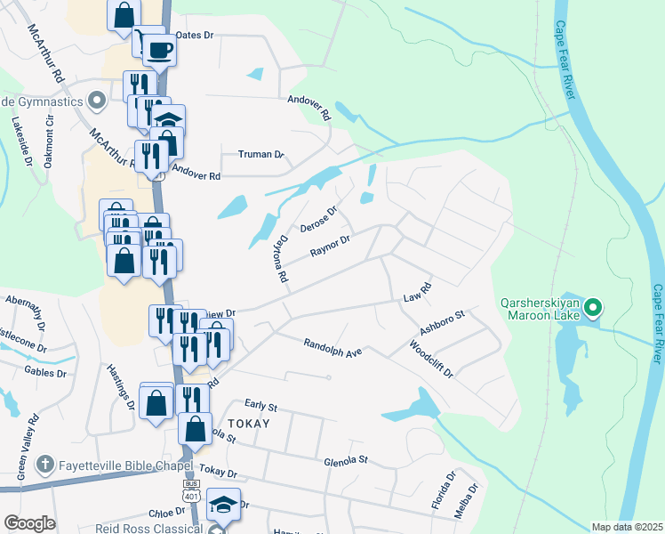 map of restaurants, bars, coffee shops, grocery stores, and more near 507 Longview Drive in Fayetteville